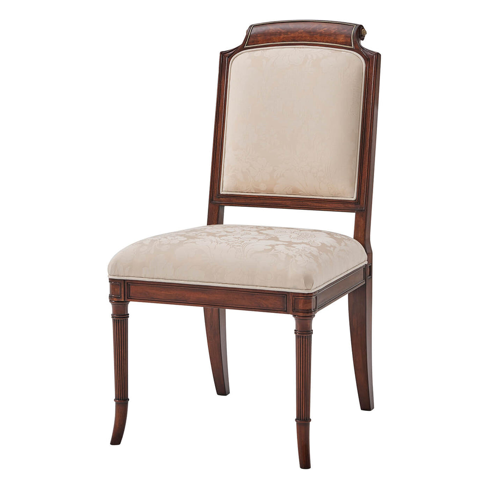 Front view of English Regency dining chair, beige upholstery.