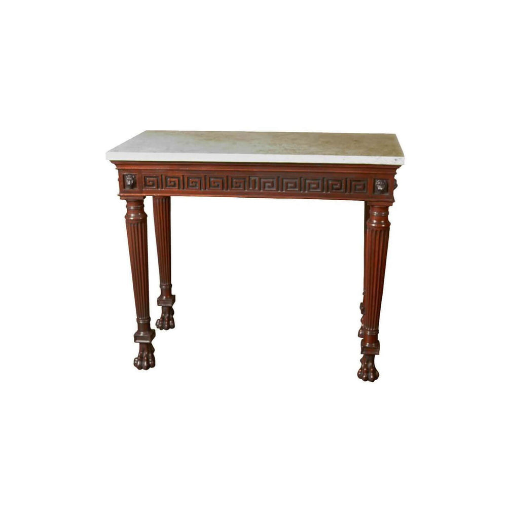 Mahogany console table with marble top and carved legs.