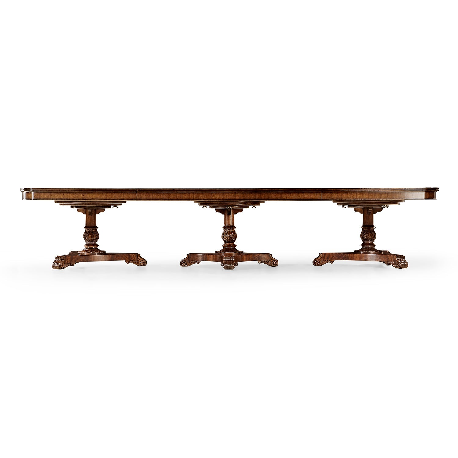Front view of triple pedestal mahogany dining table.