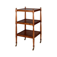 Three-tier wooden etagere with caster wheels.