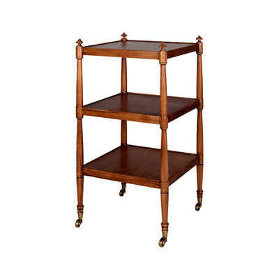 Three-tier wooden etagere with caster wheels.