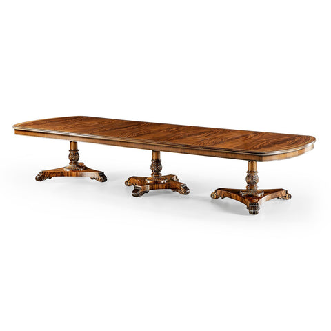 English Regency Walnut Triple Pedestal Extending Dining Table