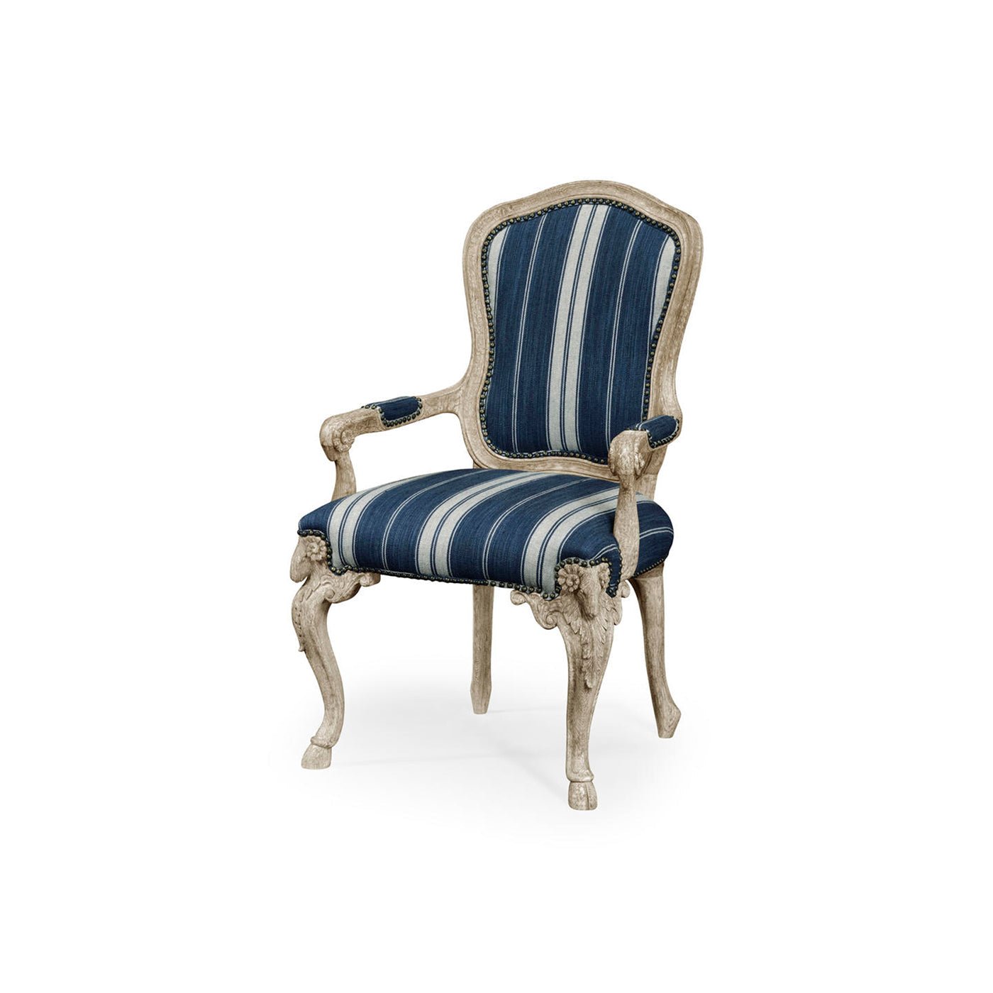 Blue striped English Rococo armchair front view.