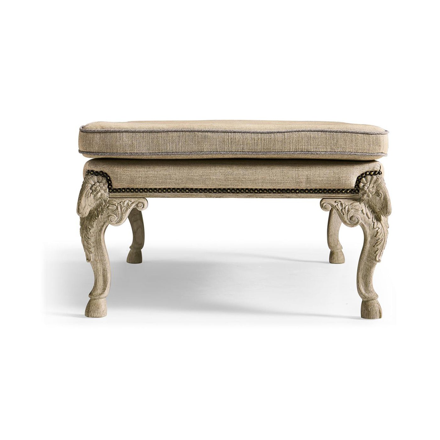 End view of English Rococo upholstered bench.
