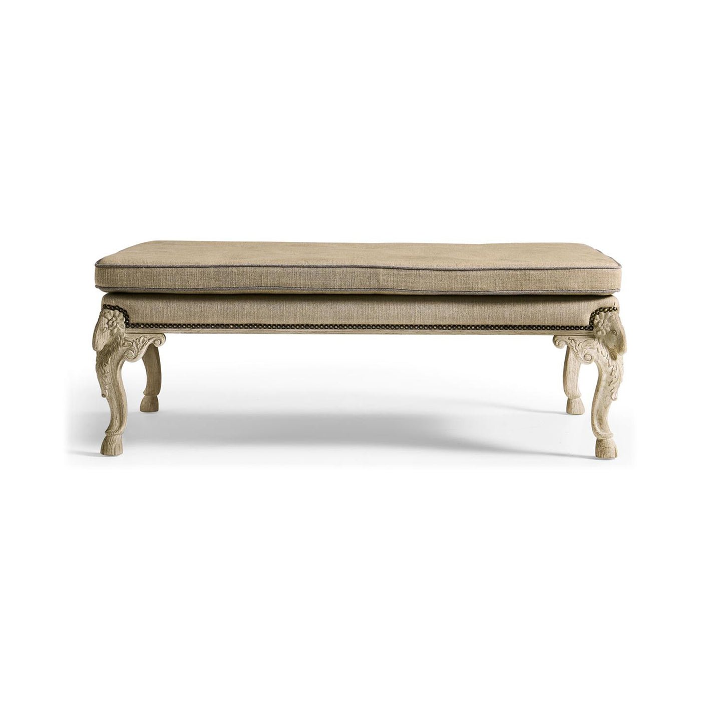 Front view of English Rococo upholstered bench.