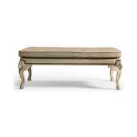 Front view of English Rococo upholstered bench.