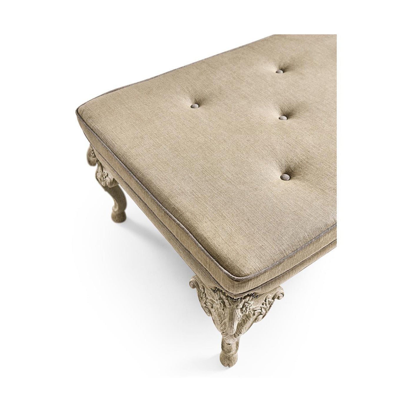 Top corner detail of English Rococo upholstered bench.