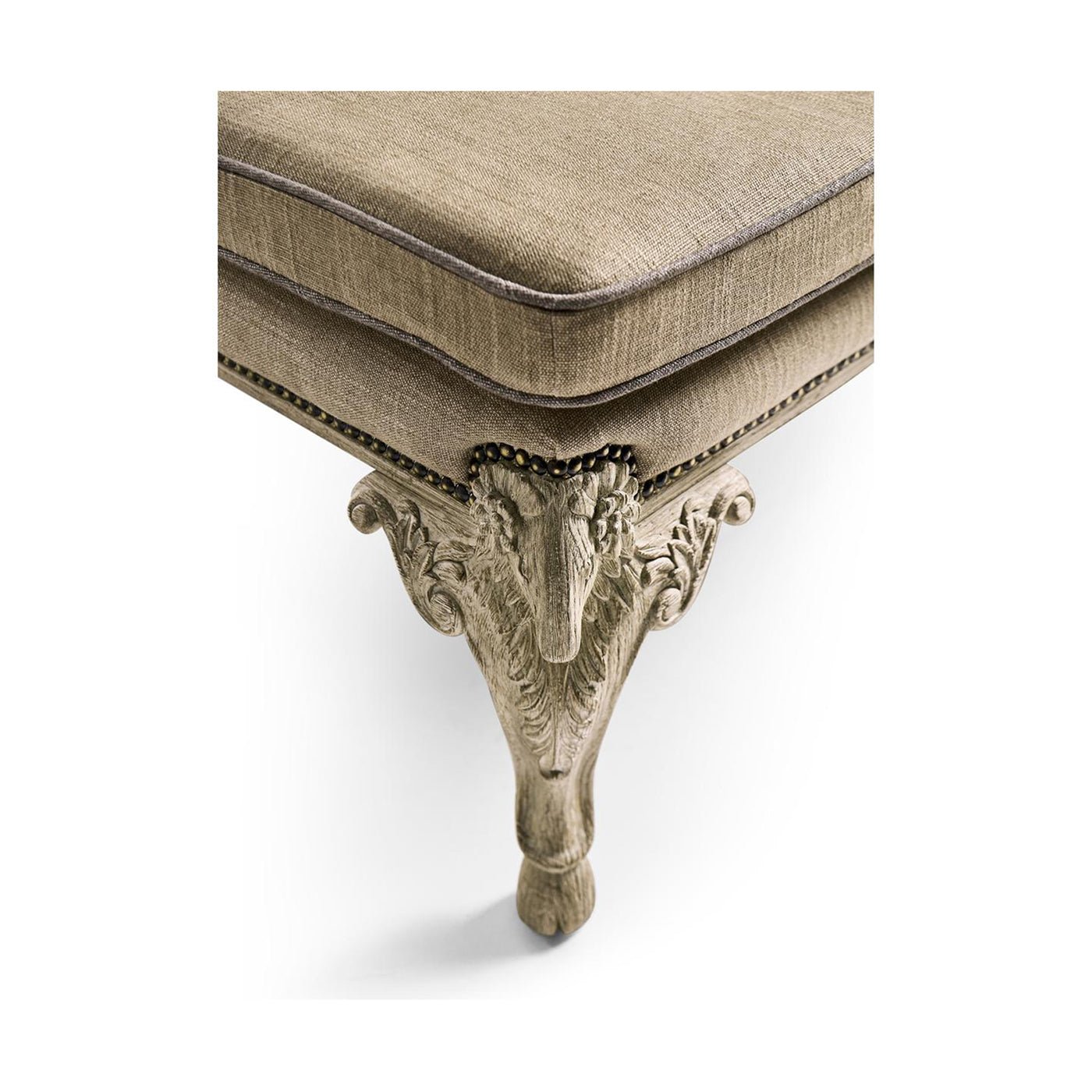 Corner leg detail of English Rococo upholstered bench.