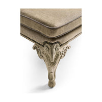 Corner leg detail of English Rococo upholstered bench.