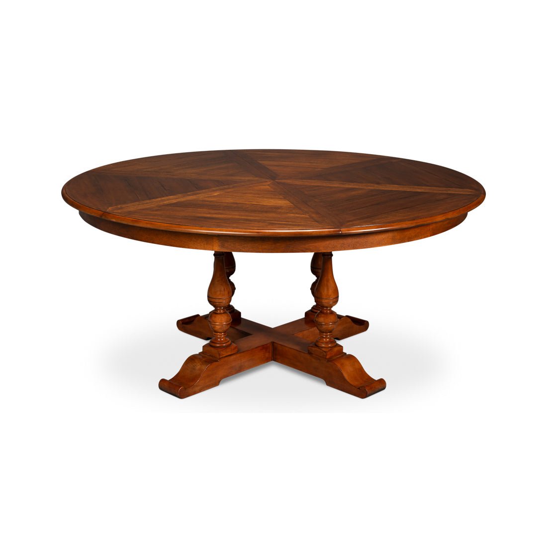 Round dining table retracted, wooden finish, central base.