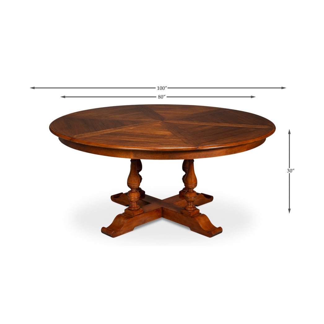 Dimensions of round wooden dining table, measured view.