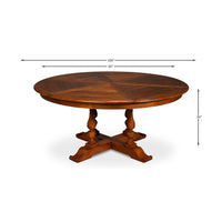 Dimensions of round wooden dining table, measured view.