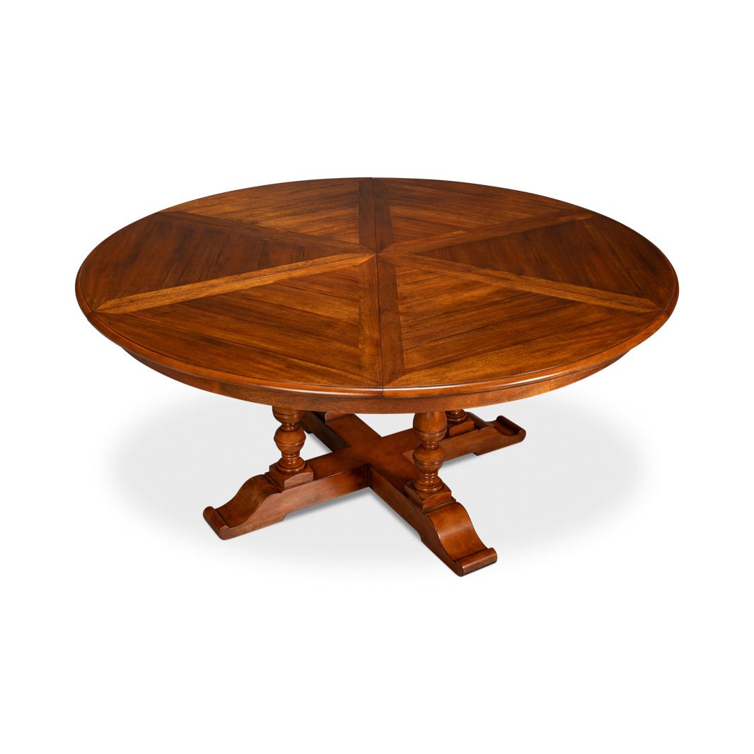 Round dining table top view, wooden geometric design.