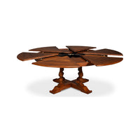 Dining table partially extended, wooden design, top view.