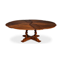 Dining table with sections open, wooden design, top view.