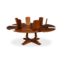 Dining table fully extended, wooden design, view.