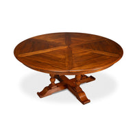 Round dining table, wooden design, centered top view.