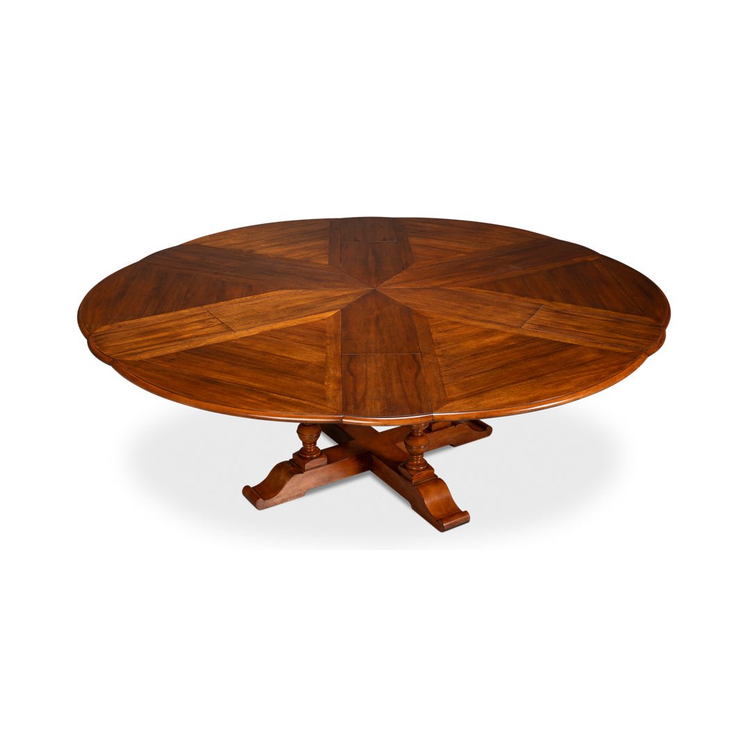 Dining table with leaf inserts, wooden design, overview.