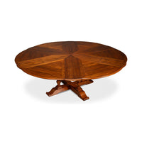 Dining table with leaf inserts, wooden design, overview.