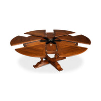 Dining table semi-extended, wooden design, top view.