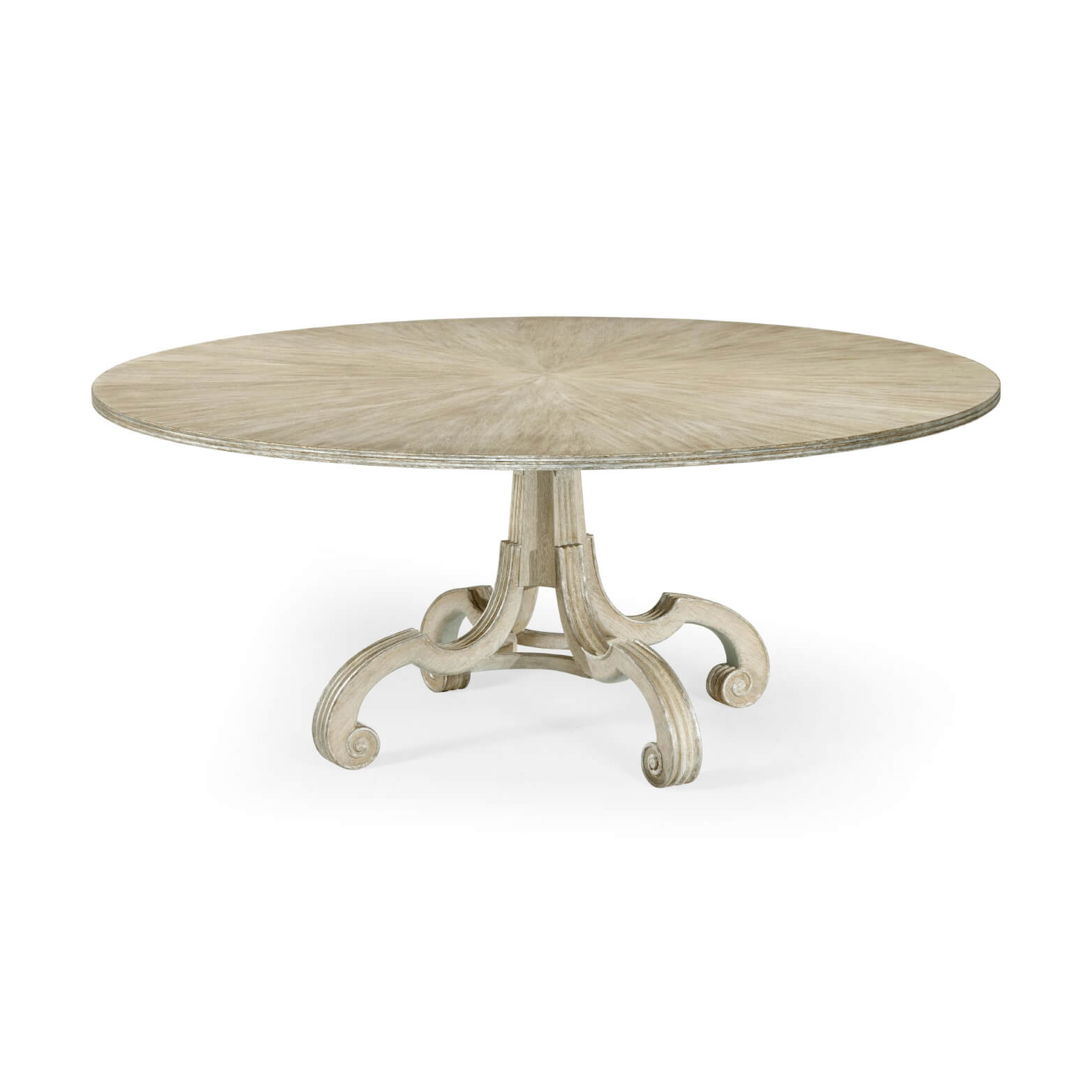 Round oak dining table with curved legs, top view.