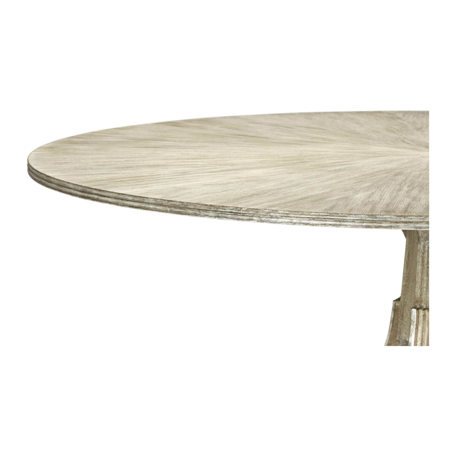 Close-up of oak dining table edge, smooth finish.