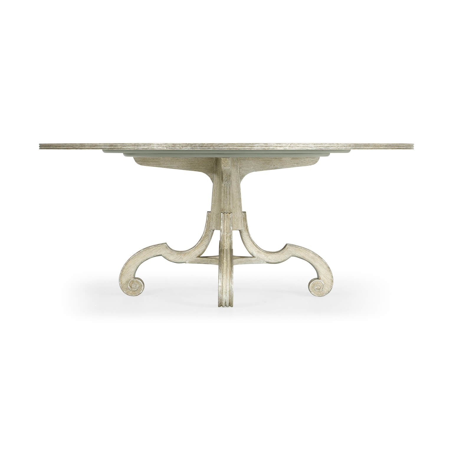 Side view of round oak dining table, intricate base.