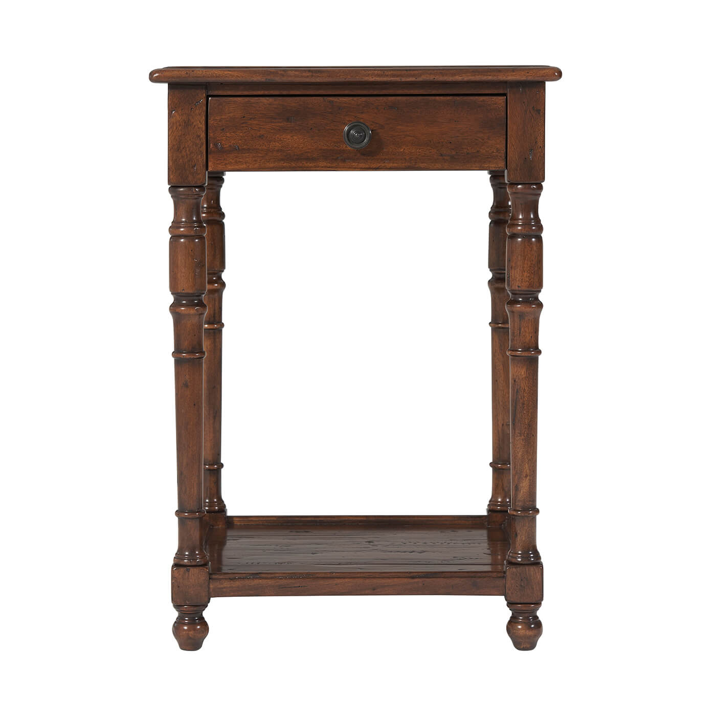 Front view of rustic accent table showing drawer and legs.