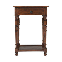 Front view of rustic accent table showing drawer and legs.