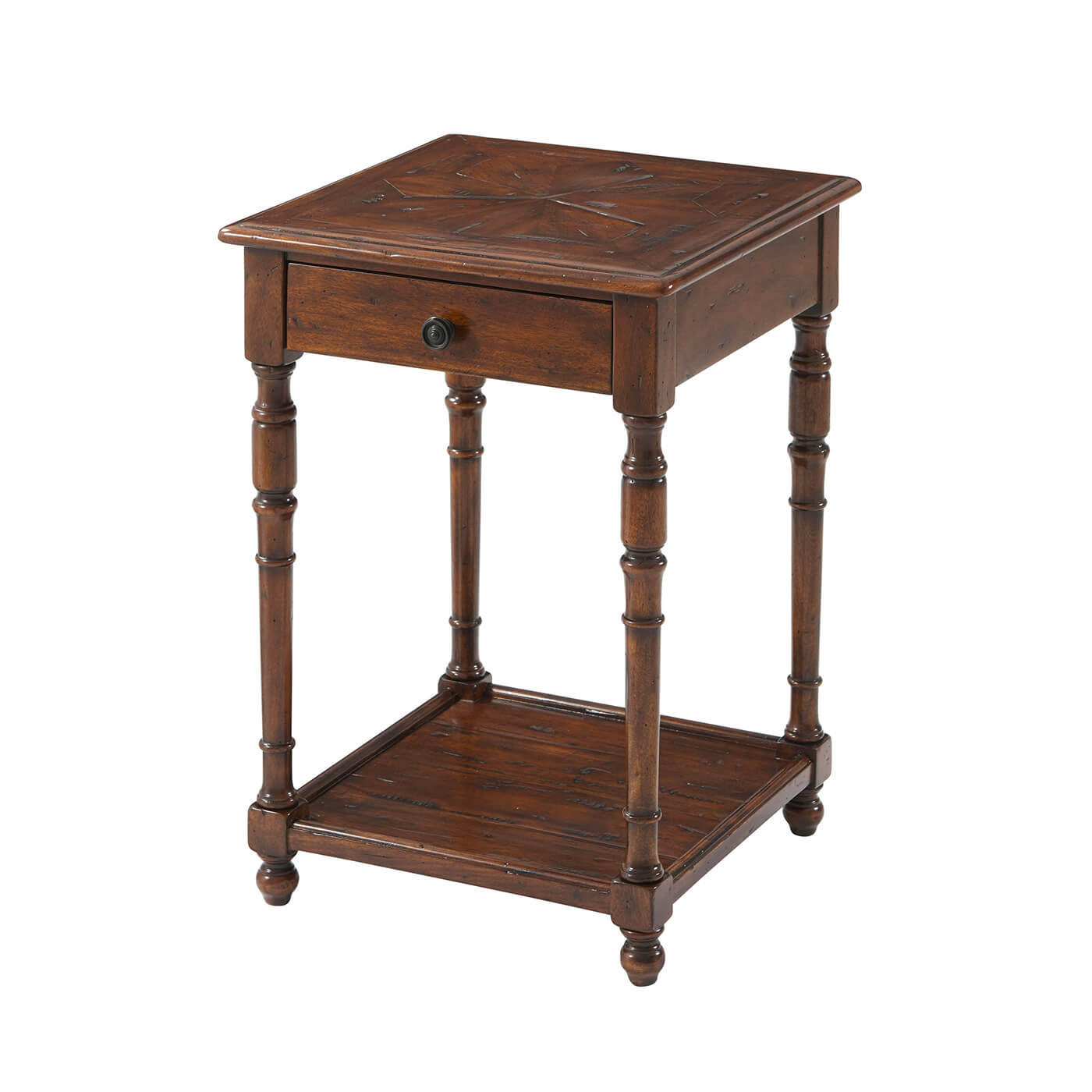 Rustic wood accent table with classic design and drawer.