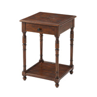 Rustic wood accent table with classic design and drawer.