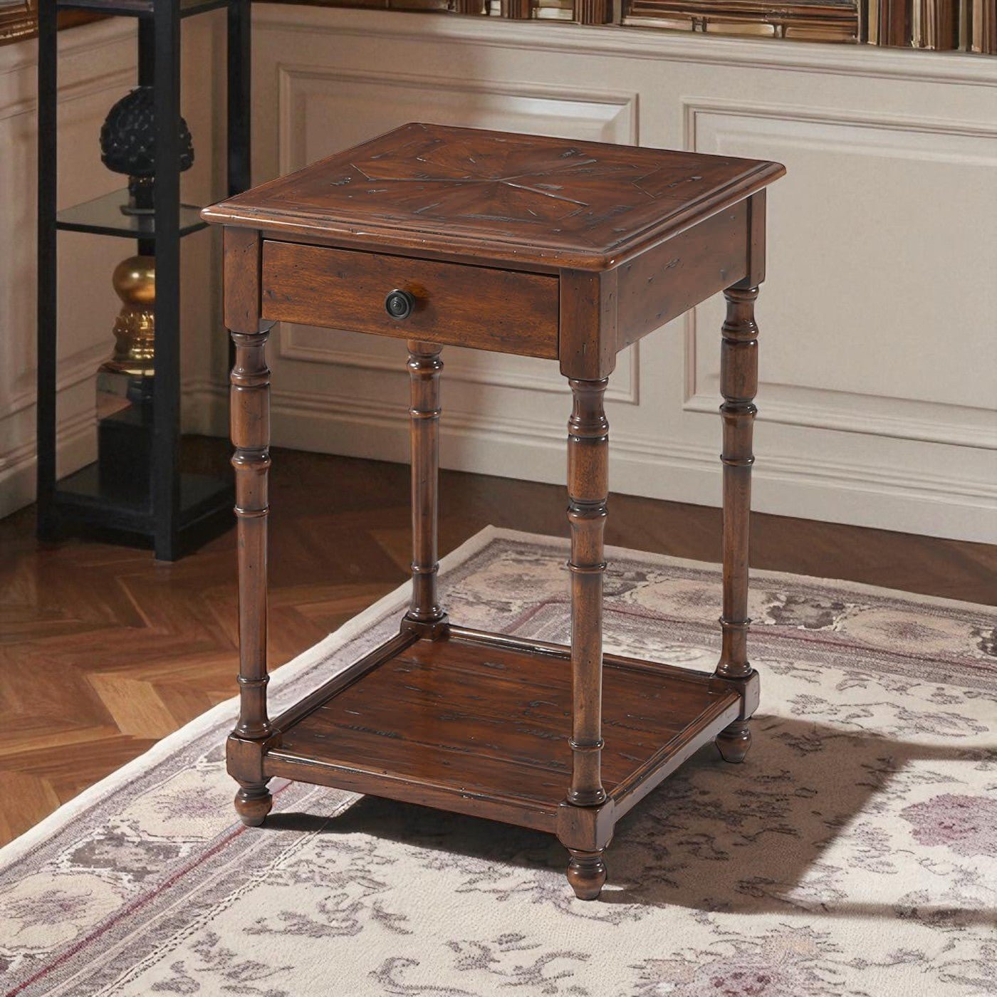 Rustic accent table in stylish room setting with light decor.