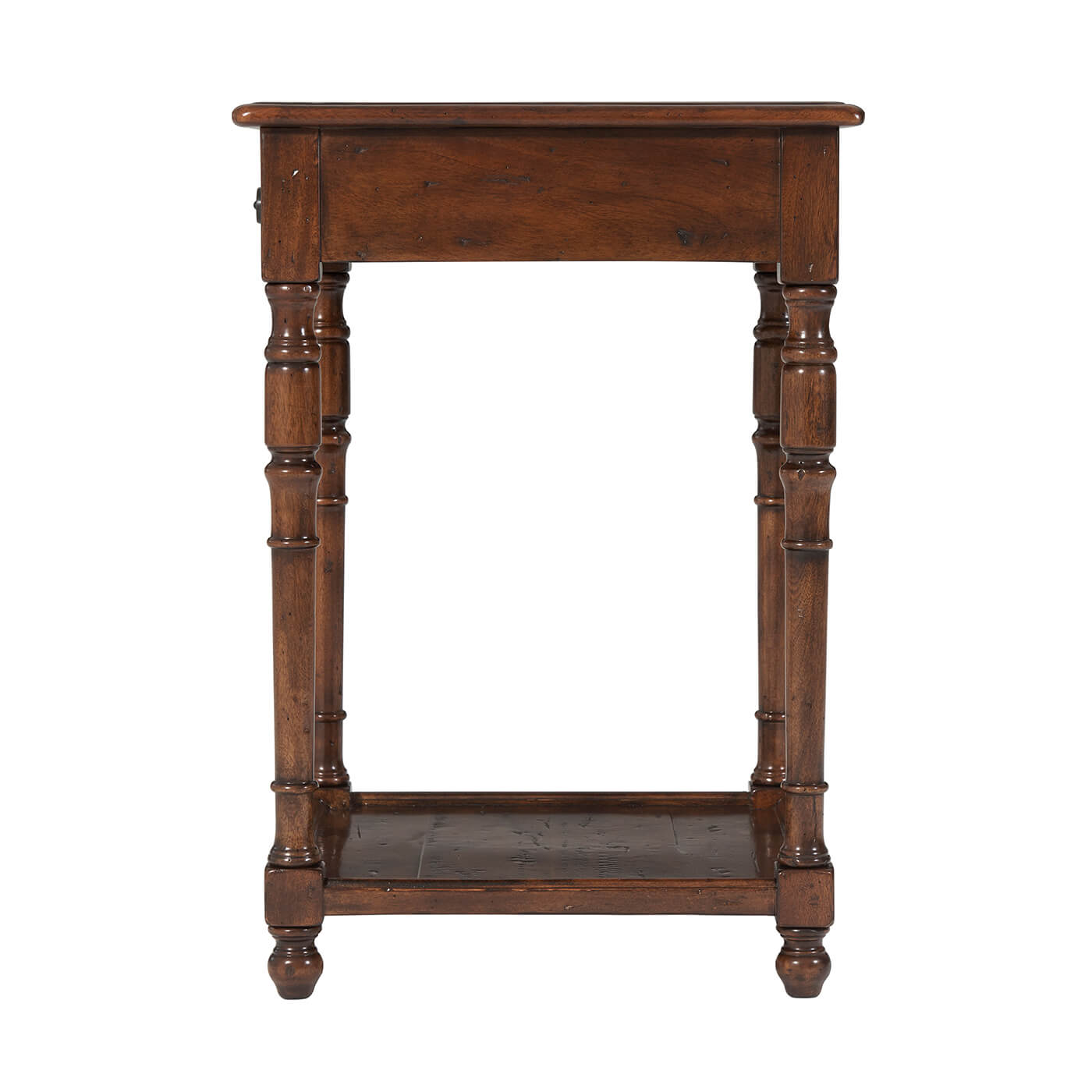 Side view of rustic accent table with sturdy construction.