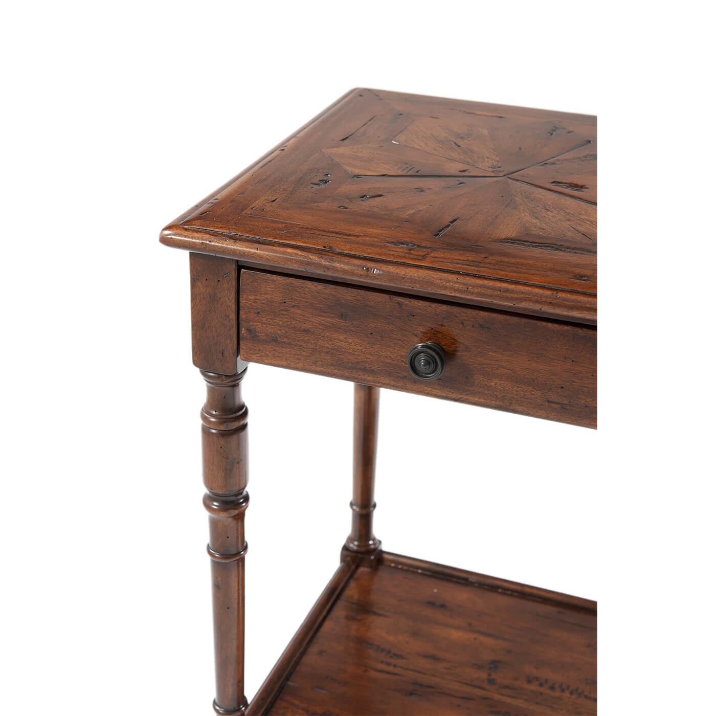 Close-up of rustic accent table corner with drawer detail.