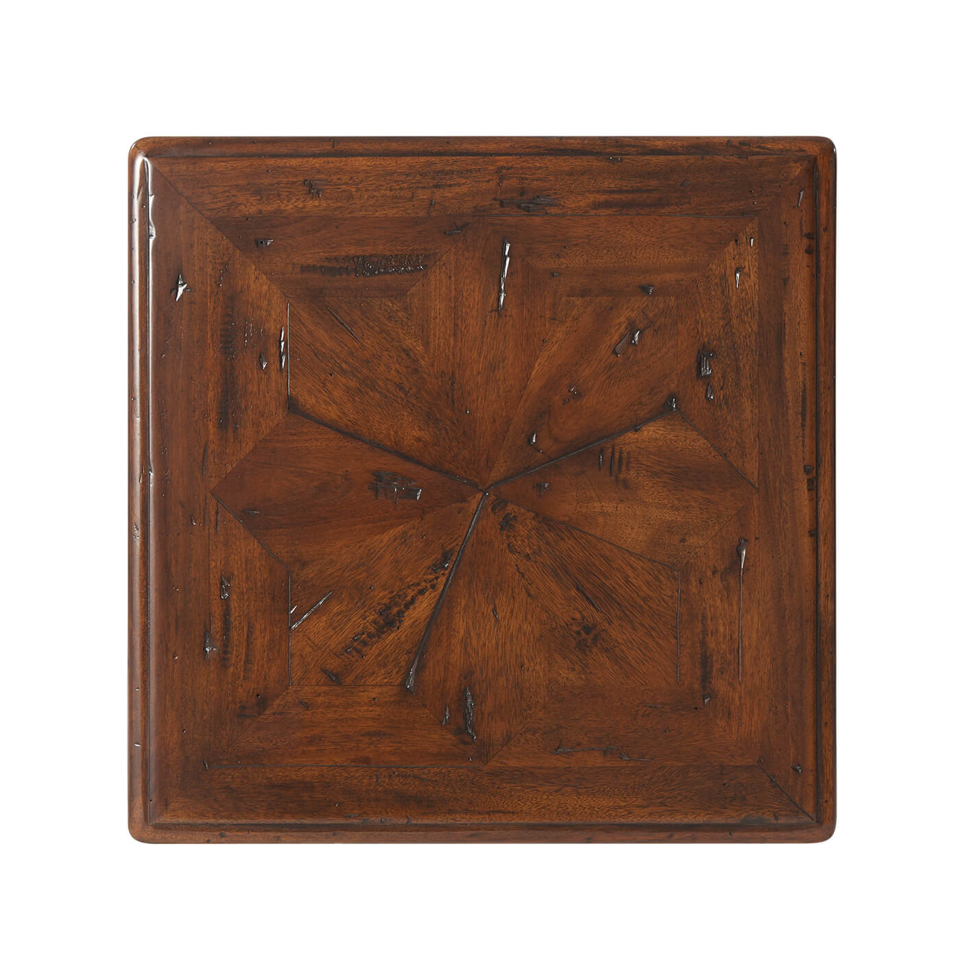 Top view of rustic accent table with detailed wood pattern.