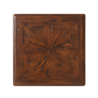 Top view of rustic accent table with detailed wood pattern.