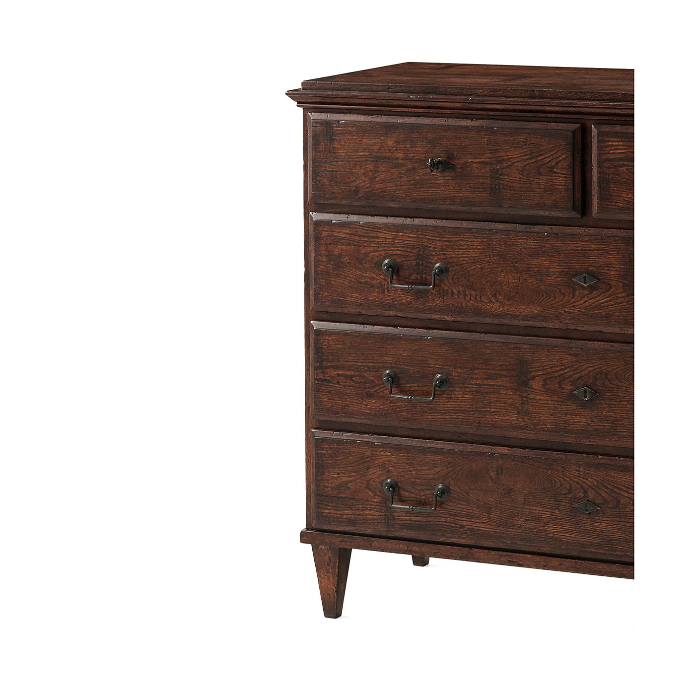 Side view of English rustic chest with four drawers.