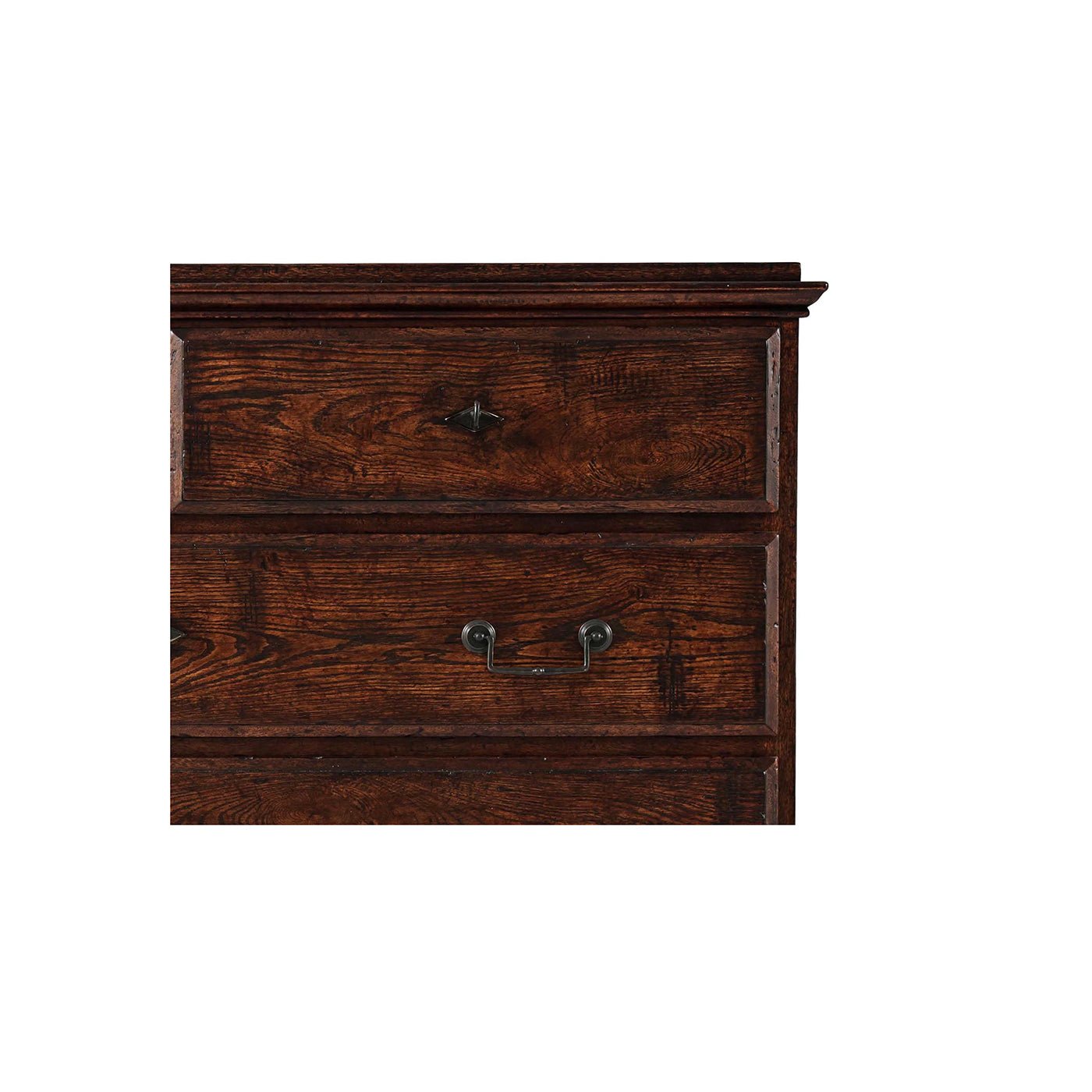 Close-up of drawer corner on English rustic chest.