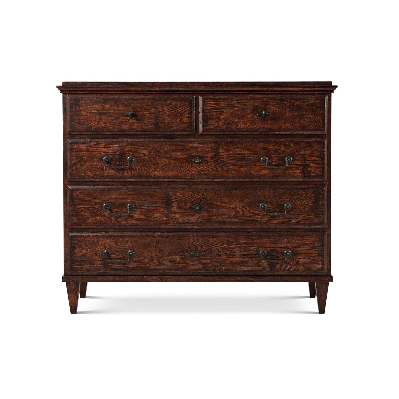 Front view of English rustic chest with drawers.