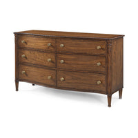 Angled view of English six drawer dresser in wood.