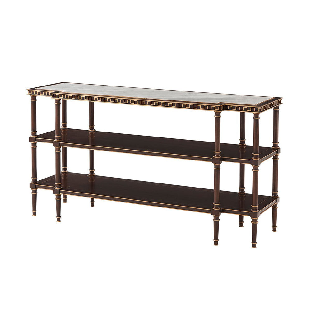Elegant English console table with three tiers, front view.