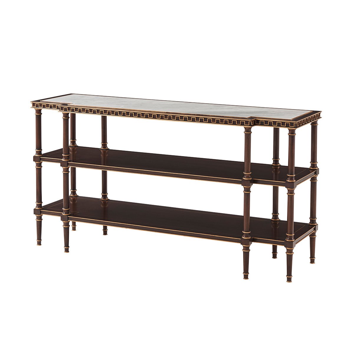 Elegant English console table with three tiers, front view.