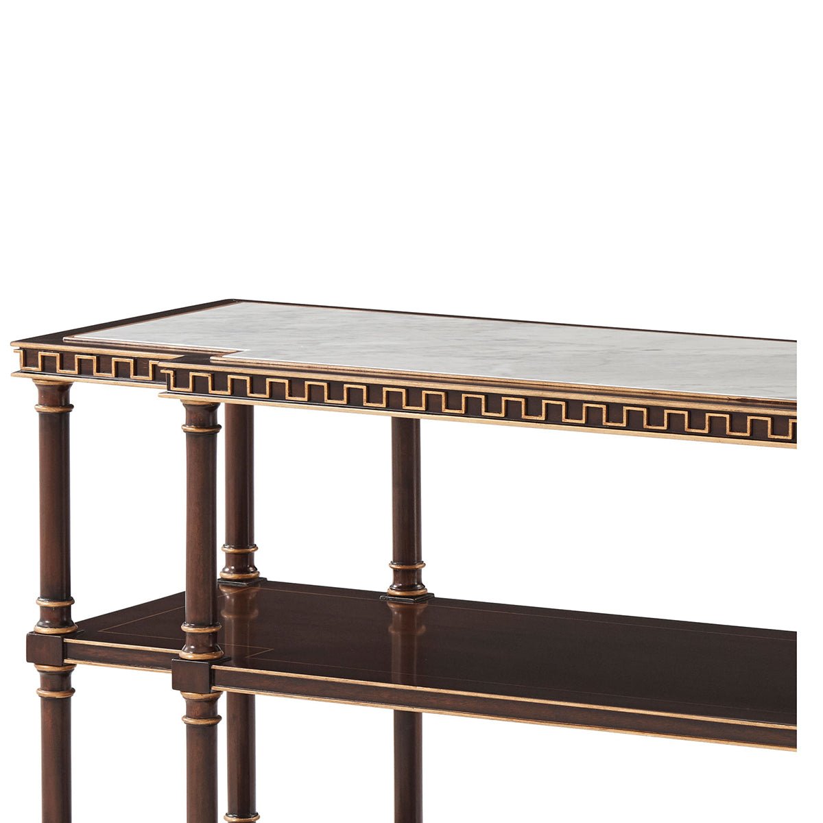 Close-up of English console table top corner design.