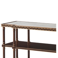 Close-up of English console table top corner design.