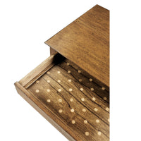 English end table drawer with polka dot interior.