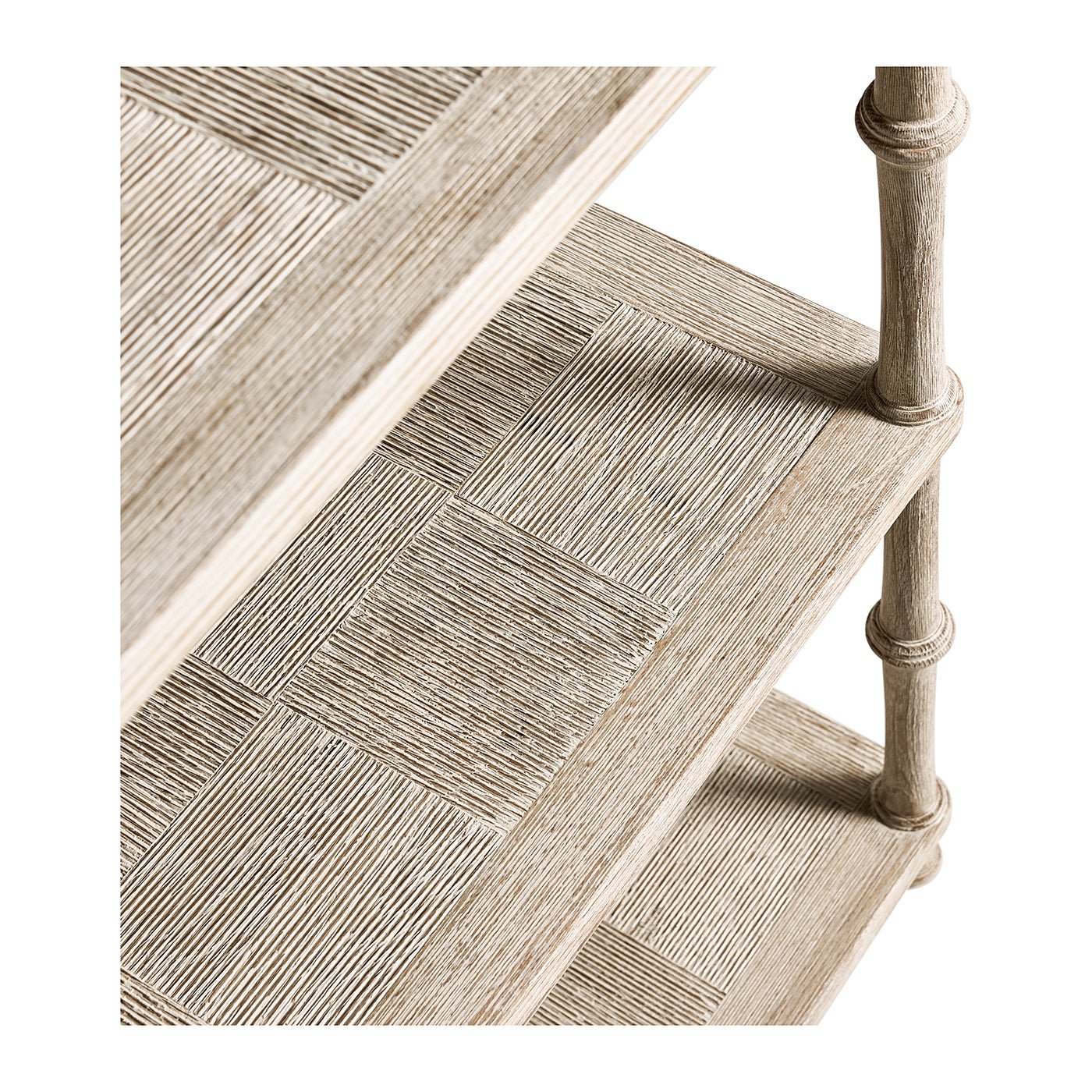 Detailed view of console table shelves, wooden texture highlighted.