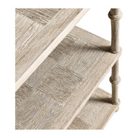 Detailed view of console table shelves, wooden texture highlighted.