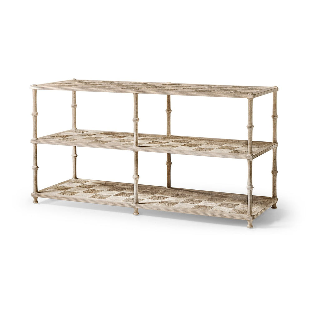 Three-tier washed console table angled view, wooden texture.