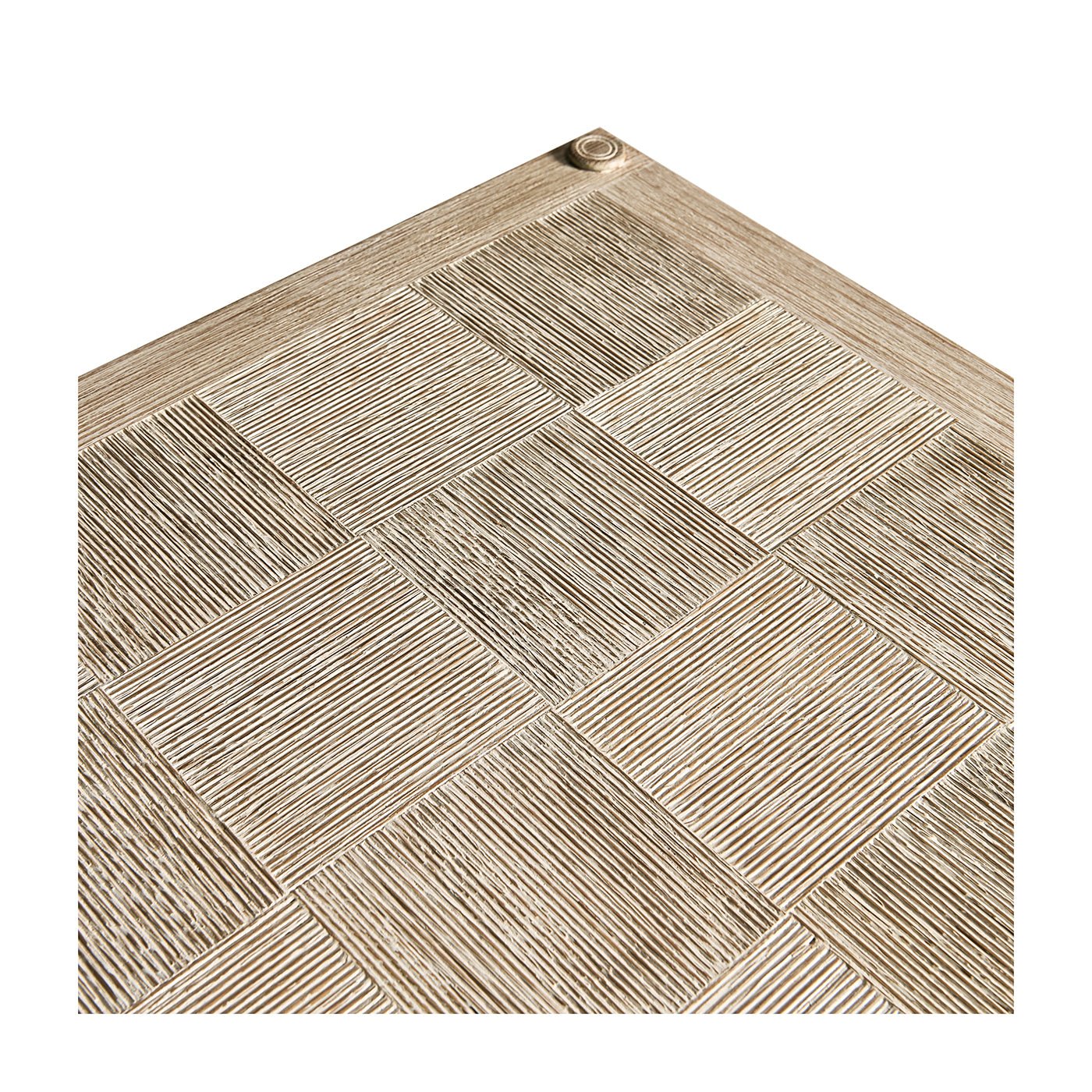 Close-up of console table corner, detailed texture pattern.