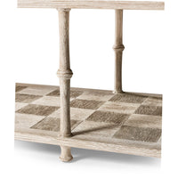 Console table leg and bottom shelf detail, wood highlights.